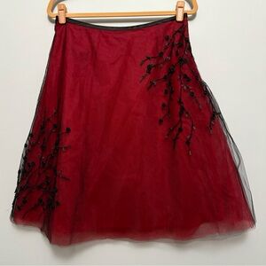 Elegant Red A-line Skirt with Black Mesh and Floral Embroidery